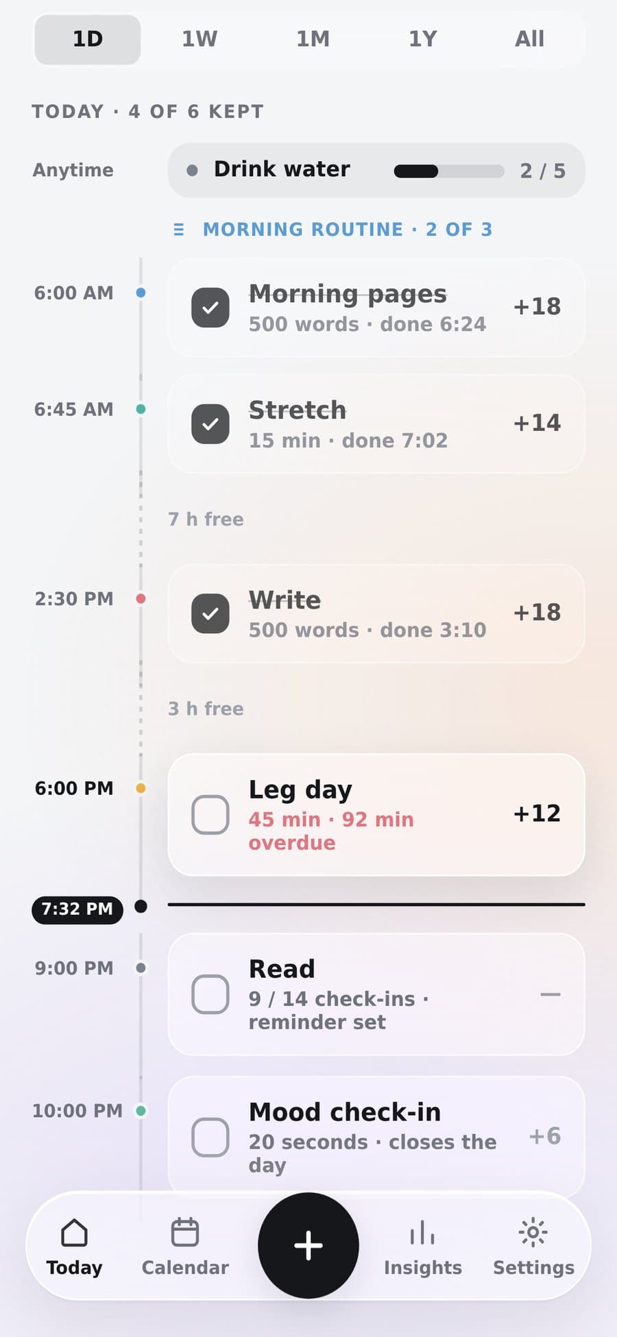 Today's agenda: Morning pages, Stretch and Write done with their lift, Leg day overdue, Read and a mood check-in still to come.