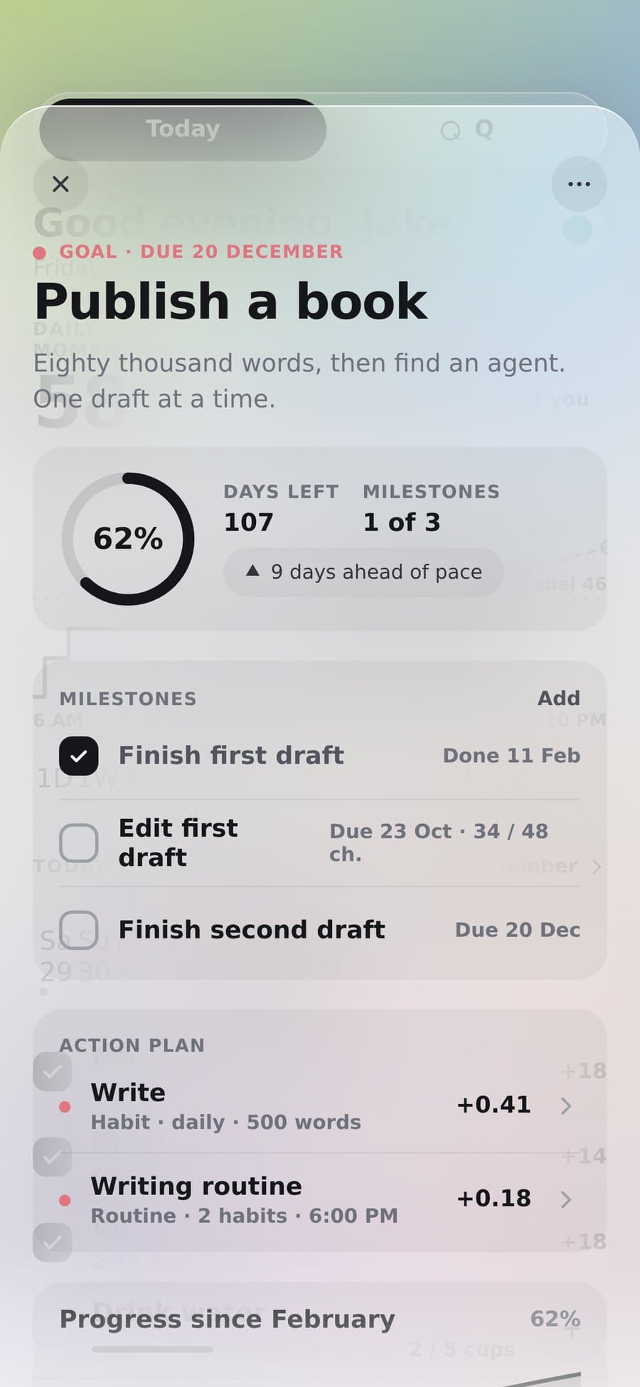 The Publish a book goal: 62% complete, 107 days left, nine days ahead of pace, three milestones and an action plan.