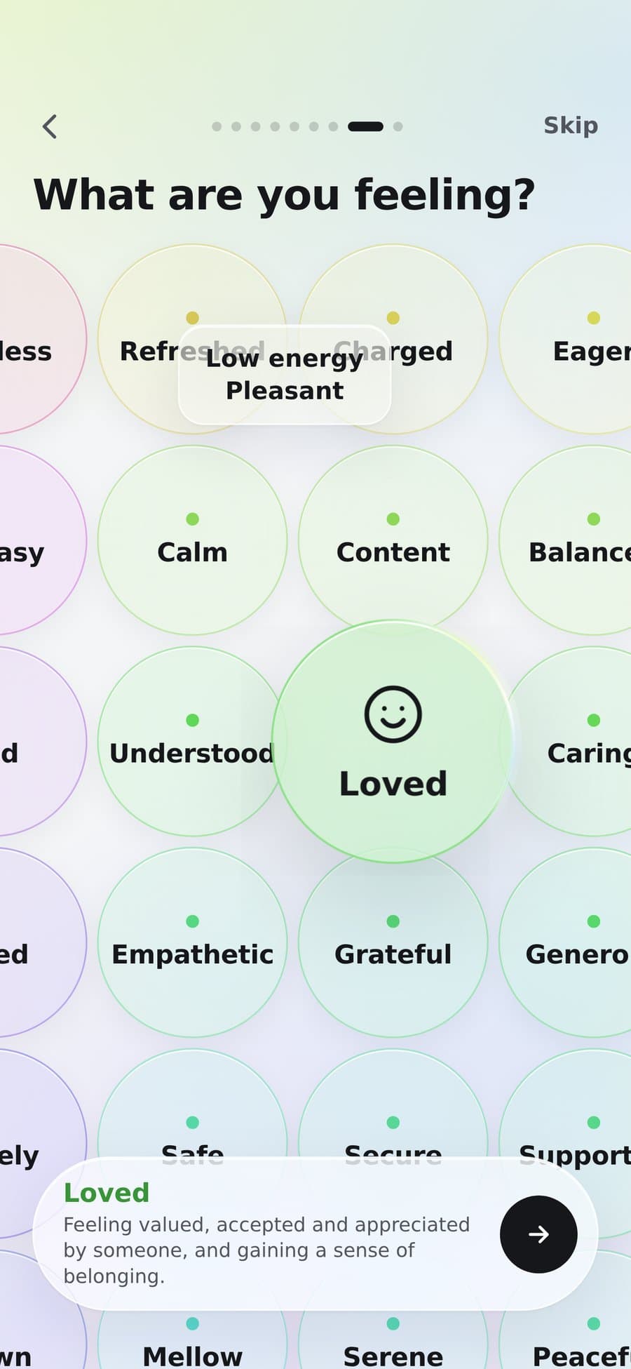 What are you feeling? A field of feelings with Loved selected — feeling valued, accepted and appreciated.